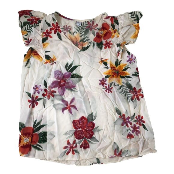 Old Navy Women’s White Floral Ruffle Flutter Short Sleeve Tropical Top Medium - Picture 1 of 14